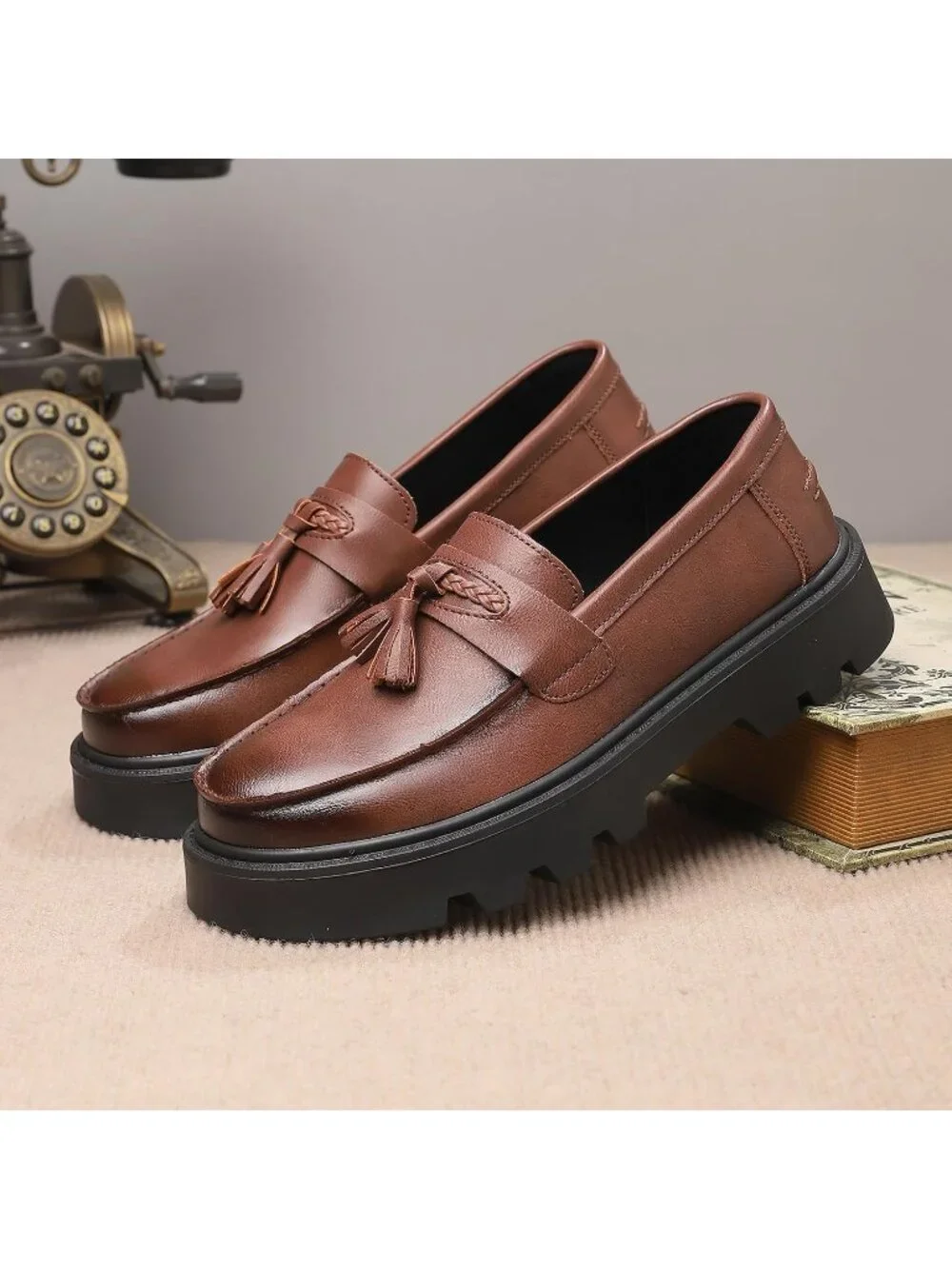 Men's Brown Patent Leather Loafers Chunky Heel Tassel Slip On Dress Shoes